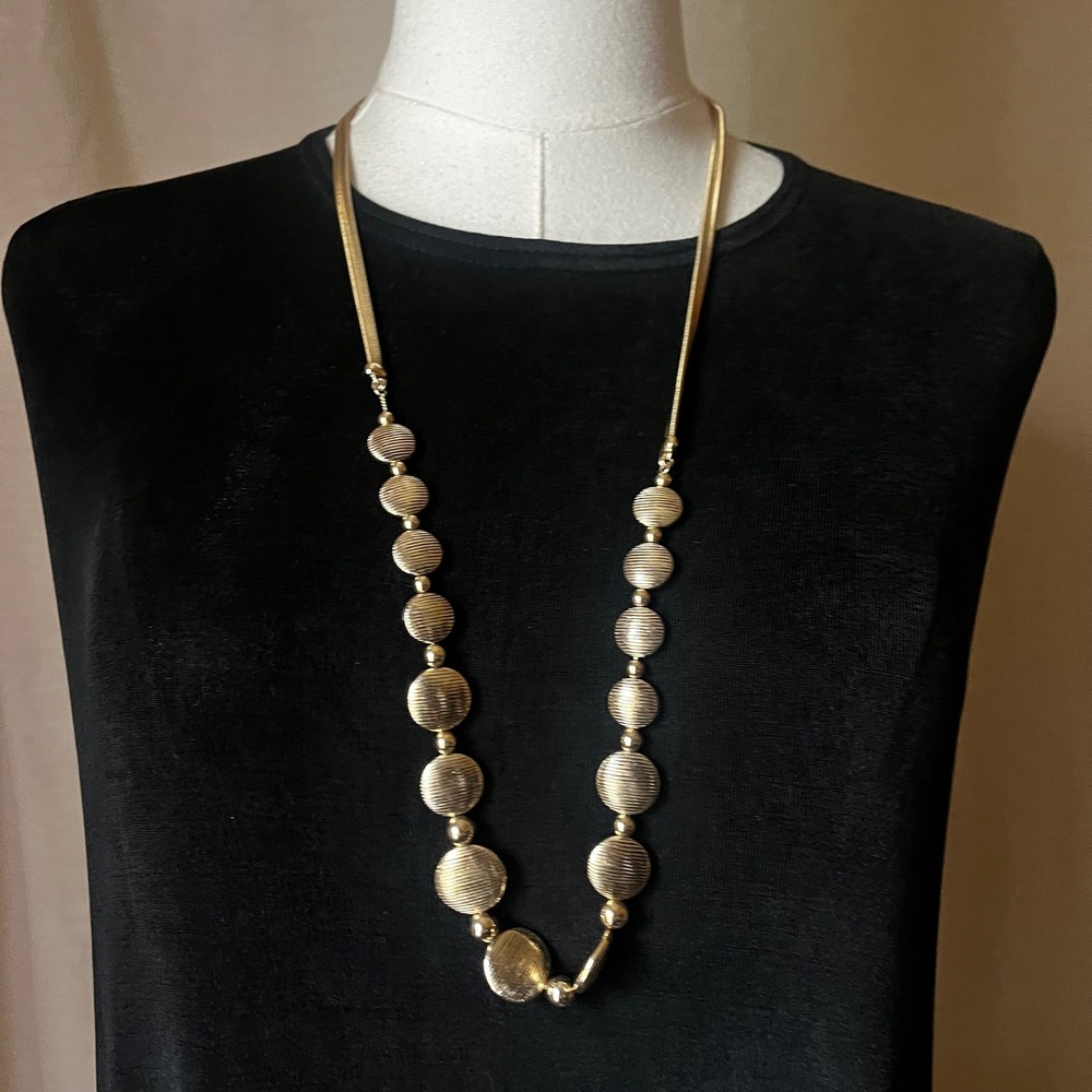 Vintage Gold Tone Ribbed‎ Disc Necklace 32.5" Sculptural Statement